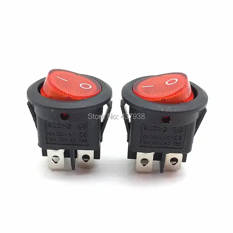 5개 KCD1 224N 라운드 로커 스위치 (적색등 포함) 4핀 6A 250V/10A 125VAC 스냅인 SPST 온오프 로커 2단 스위치