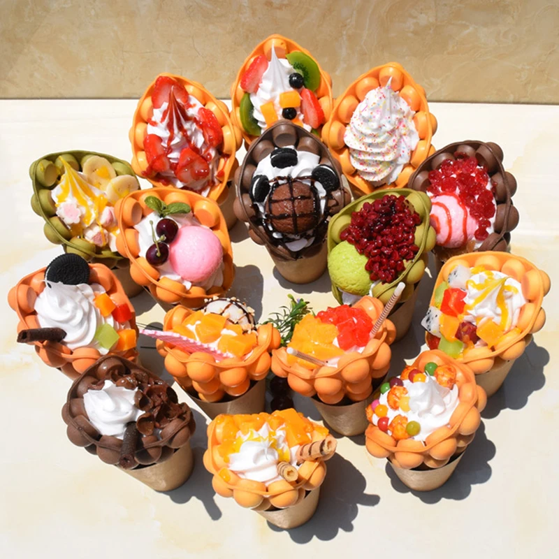 Fake Food Model Ice Cream Egg Bubble Waffle Model, Simulation Ice Cream Egg Waffle Props for Window Display