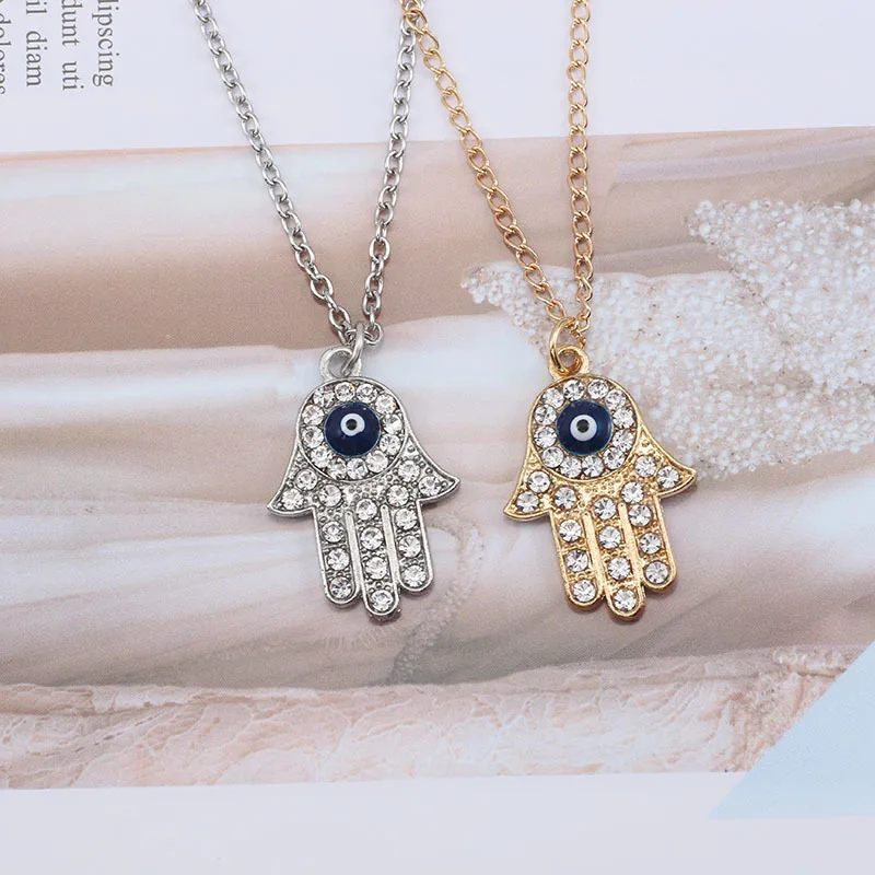 Chic Hamsa Hand of Fatima Pendant Necklace Zircon Lucky Turkish Evil Eye Clavicle Chain for Women Men Hip Hop Jewelry Gifts