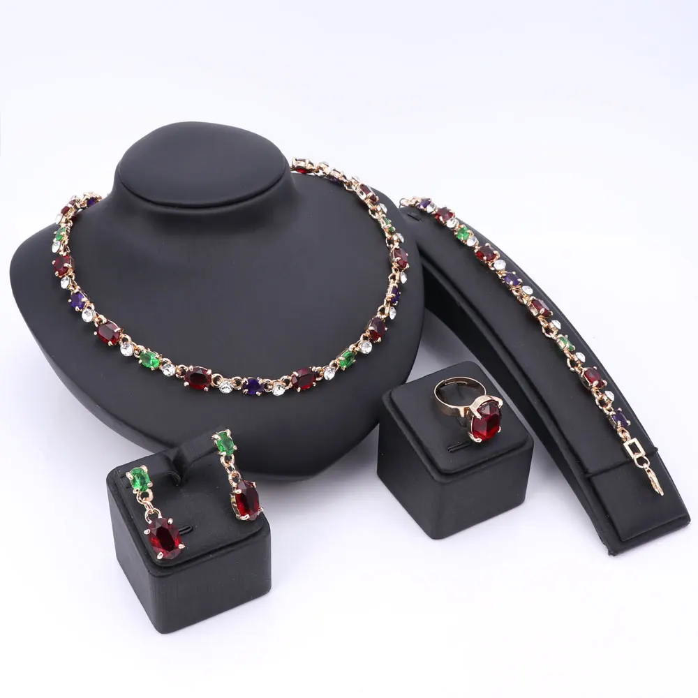 Arab Gold Color Jewelry Sets Dubai Bridal Costume Zircon Crystal Bracelet Earrings African Necklace Ring