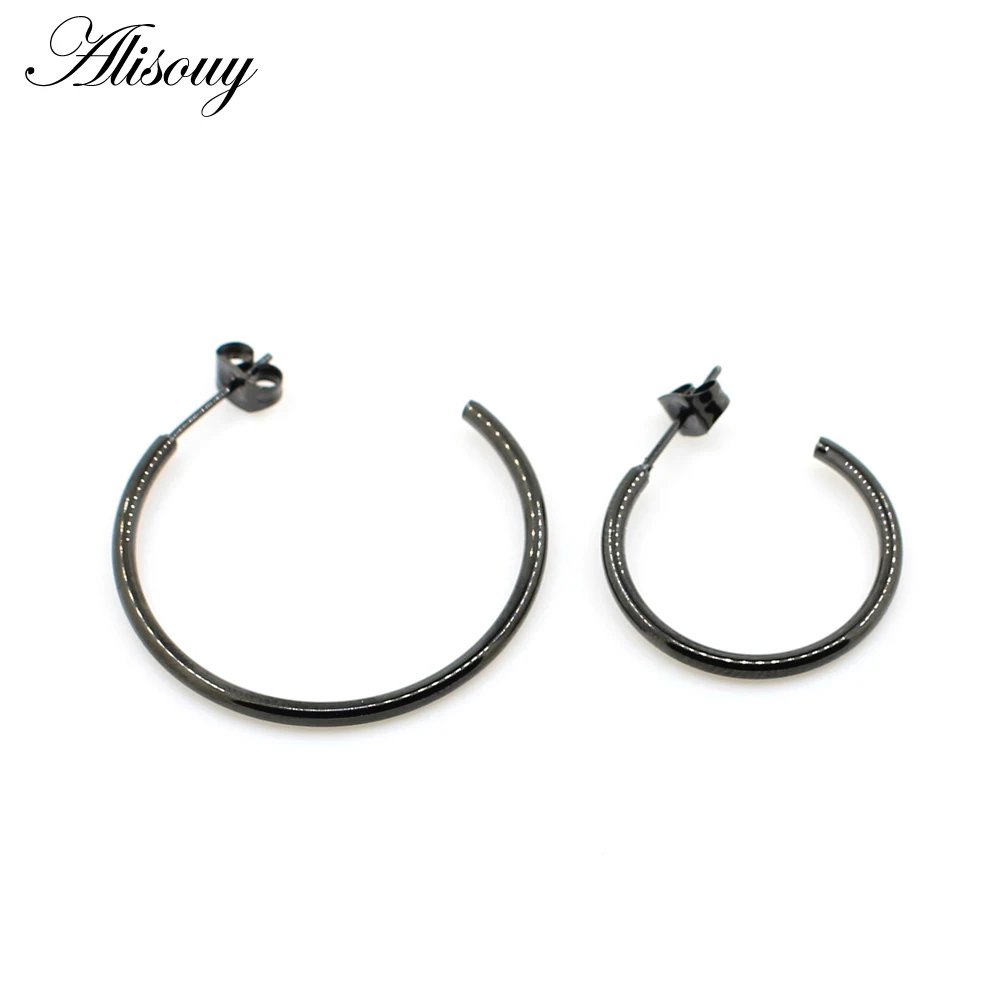 Alisouy 1 Pair Stainless Steel COOL  Color Black Gold Color Jewelry Earrings Fashion Jewelry 2mm Hollow Hoop Earrings Unisex