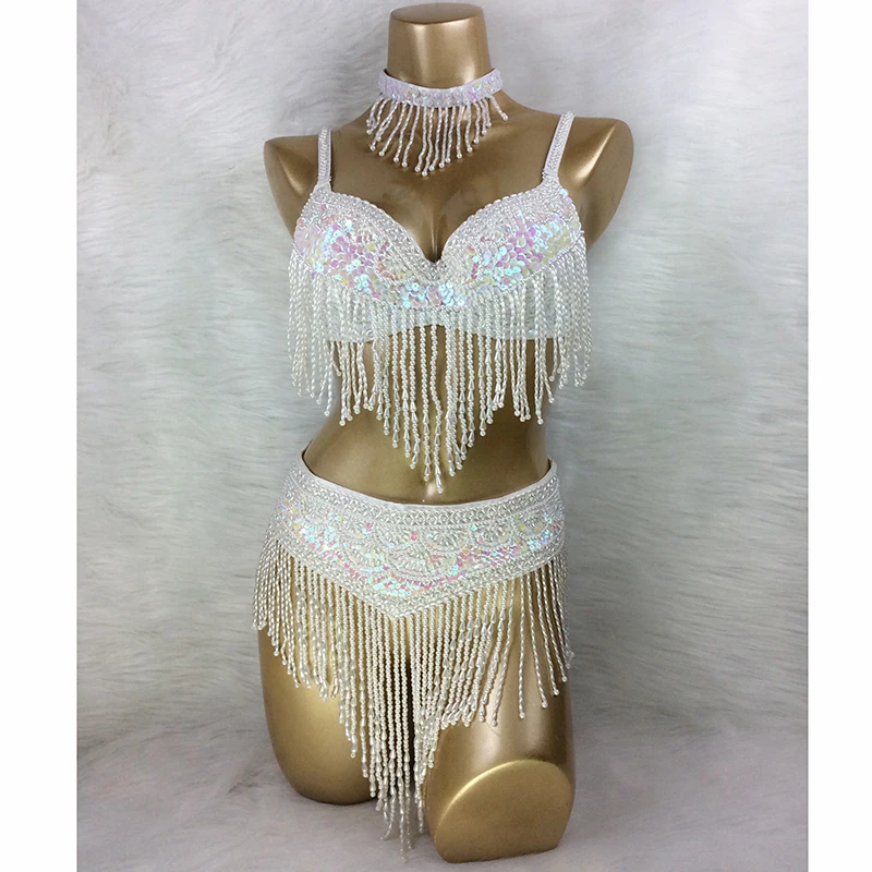 New Women\'s Beaded Belly Dance Costume Set Sexy Carnival Belly Dancing Clothes Night Bellydance Tops Chain BRA Belt Dance Wear