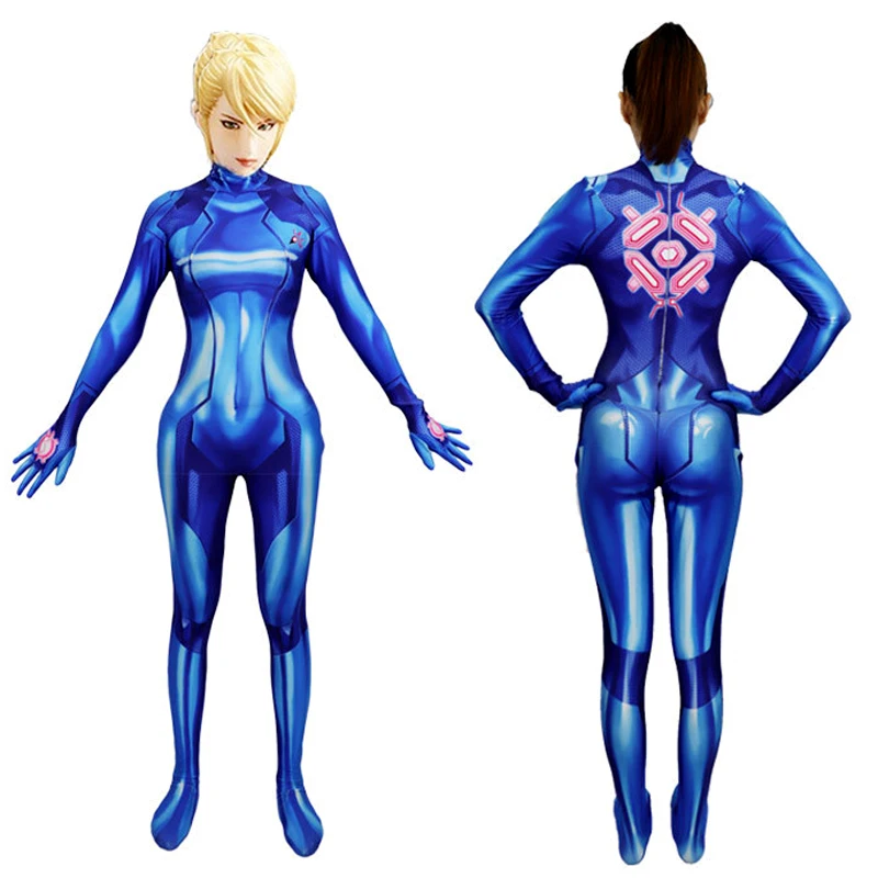 Women Samus Aran Halloween Costume Metroid Zero Suit 3D Printing Spandex Zentai Cosplay Bodysuit Jumpsuits