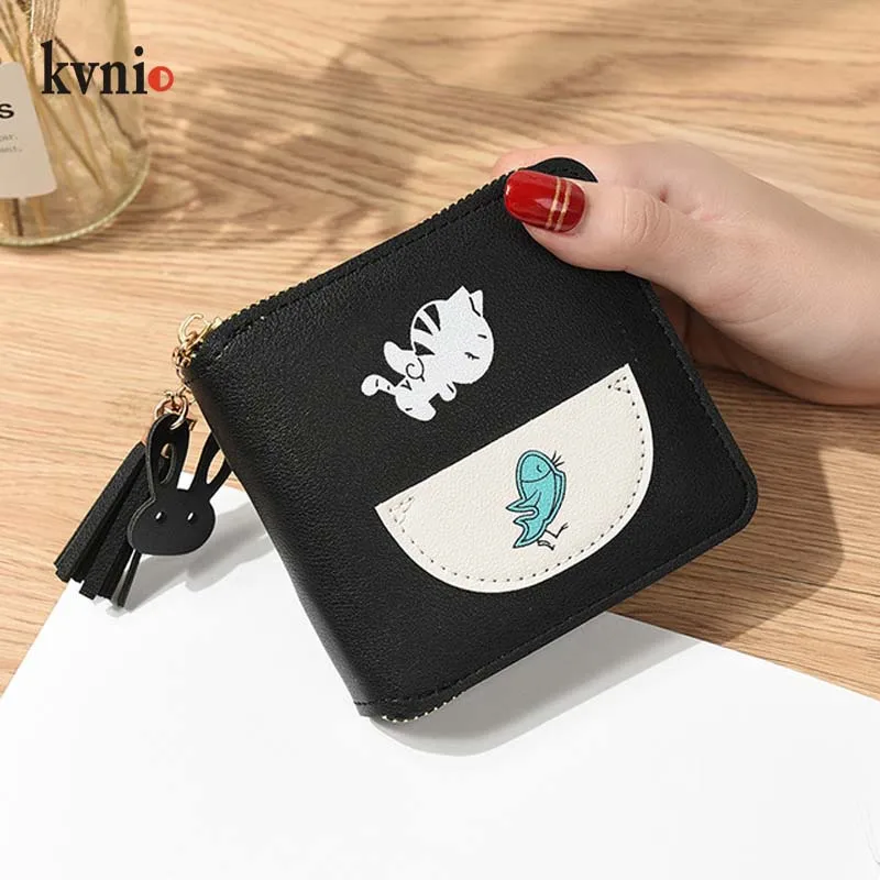 

KVNIO Cat Eating Fish Print Tassel Wallet Women Purse Cute Cartoon Coin Bag Ladies Card Holder Clutch Wallet Female Tassel Purse