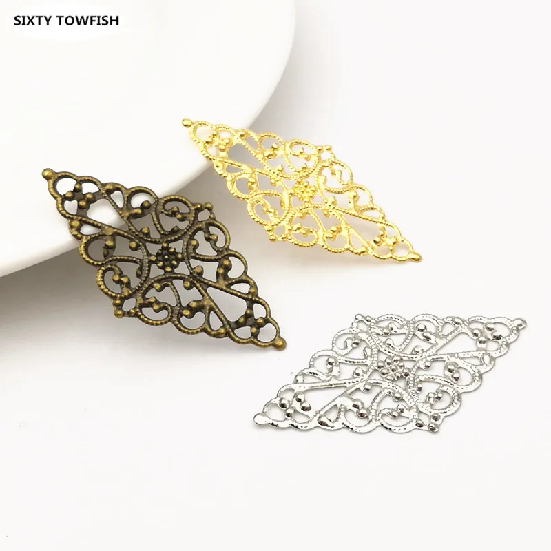 20pcs/lot 24x43mm 3Colors Metal Rhombus Filigree Flowers Slice Charms Settings DIY Jewelry Components