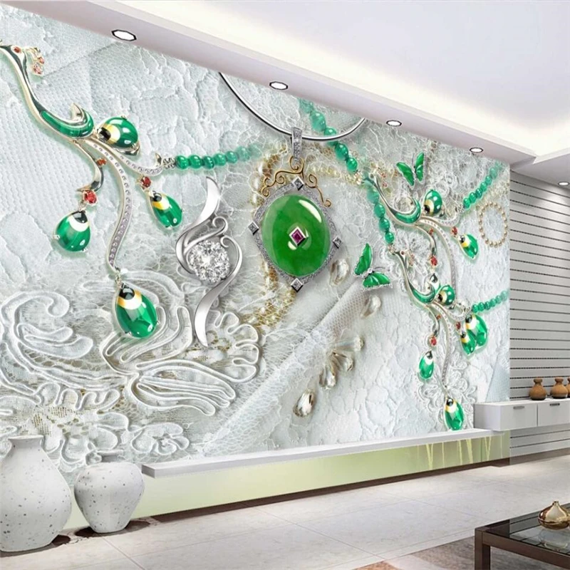 beibehang European-style exquisite jewels 3D pearl treasure jade TV background wall custom large mural green silk wallpaper