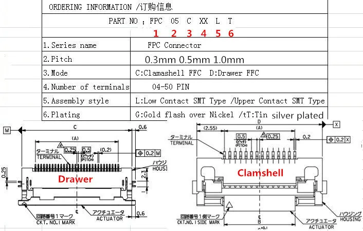 

0.50mm (.020") Pitch FFC/FPC Connector, Right Angle, Clamshell type SMT, ZIF, Upper Contact SMT Type, 30 Circuits,silver plated