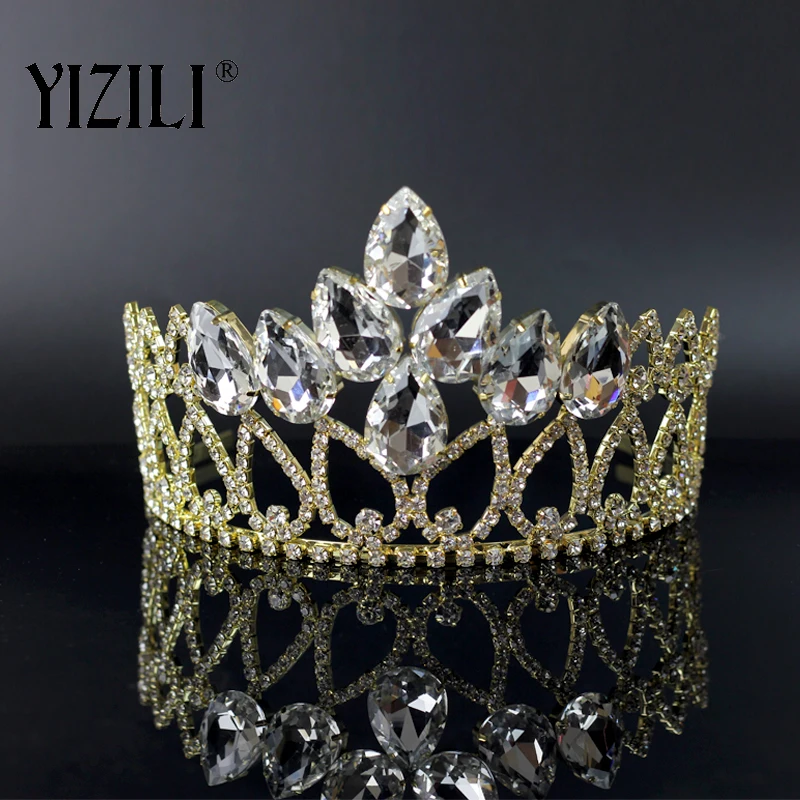 YIZILI Luxury Vintage Big Wedding Crown Headband Bridal Tiara Crystal Hair Accessories Full Rhinestone Claw chain party C059