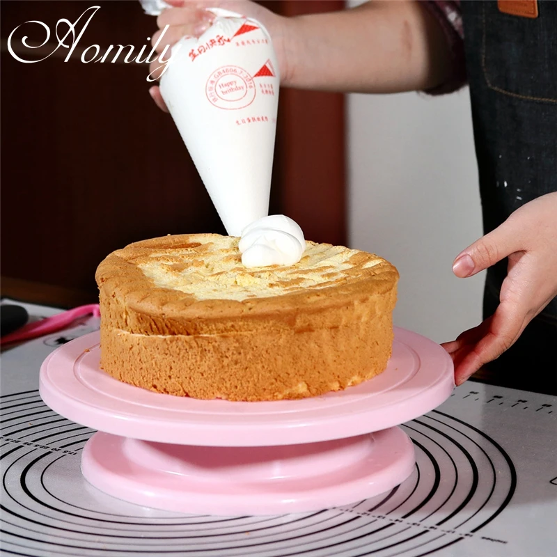 Aomily 28cm Food Grade Plastic Cake Turntables Fondant Cake Mousse DIY Decorating Tray Platform With Scale Kitchen Bakeware Pink