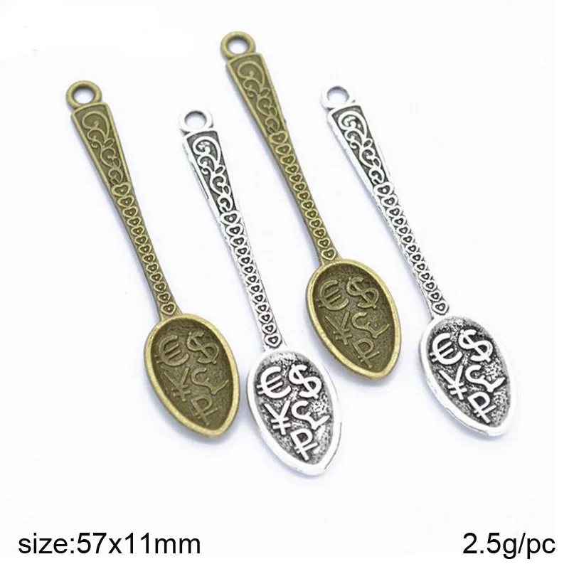 25pcs/lot 57x11mm Zinc Alloy Antique Silver/Antique Bronze Money Soup Spoon DIY Charms Pendants