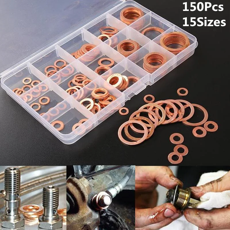 150 pcs/set Solid Copper Sump Plug Washer Set 15 Sizes 9-28mm Free shipping