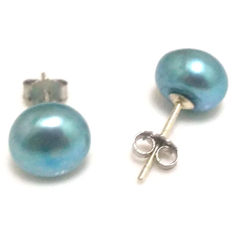 8-9mm Light Blue Natural Freshwater Button Pearl 925 Sterling Silver Stud Earring