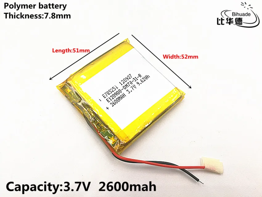 Good Qulity 3.7V,2600mAH,785251 Polymer lithium ion / Li-ion battery for TOY,POWER BANK,GPS,mp3,mp4