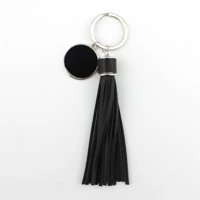 ZWPON Fashion PU Leather Tassel Monogram Enamel Disc Blank Only Key Chains for Women Bag Keychains Unique Handbags Accessories