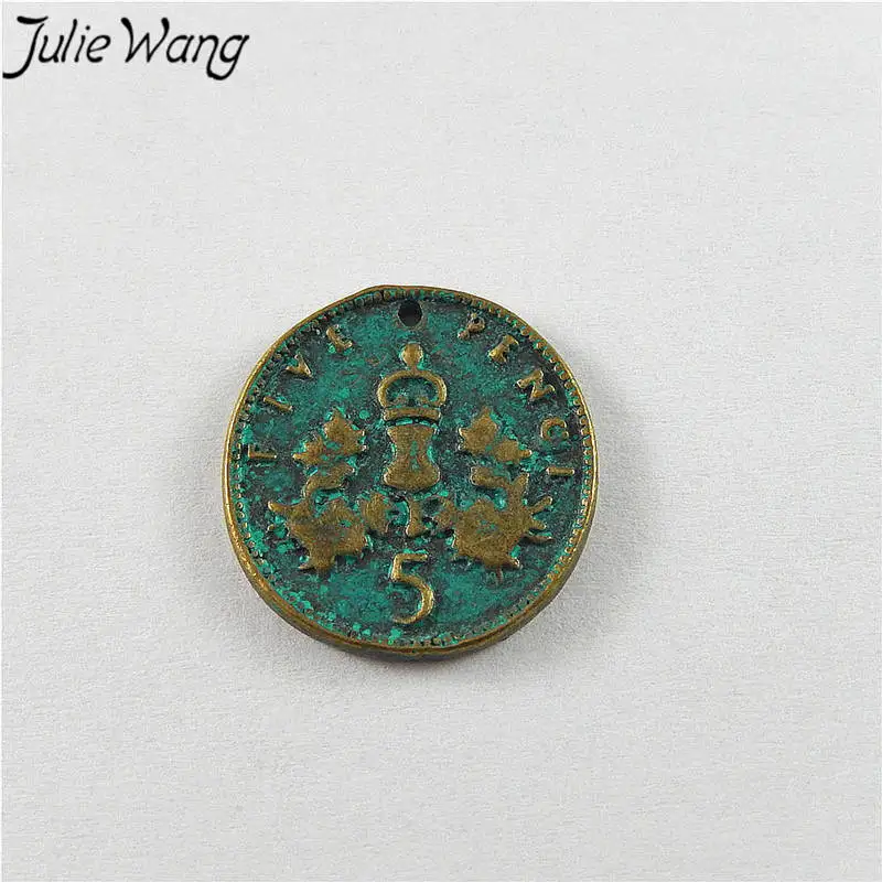 Julie Wang 20pcs Antique Green Bronze Alloy Imitation 5 Pence Charms For Necklace Pendants Findings Jewelry Making Accessory