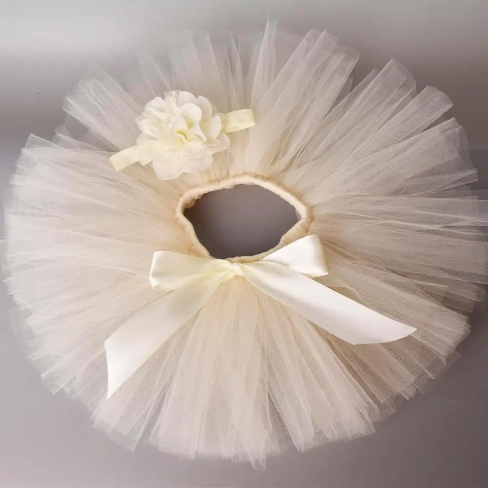 Ivory Solid Baby Girls Fluffy Tutu Skirt & Headband Set Newborn Photo Prop Costume Infant Birthday Tulle Tutus For 0-12M