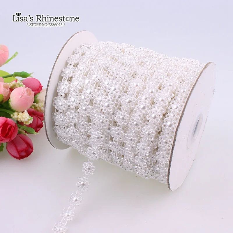 2 Yard Artificial Ivory White Six petal flower Lace Flatback Pearl Beads Chain DIY Garland Wedding Decoration