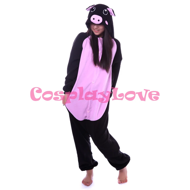 Pijama de cerdo negro para niños y adultos, traje de Cosplay de Animal, ropa de dormir de dibujos animados