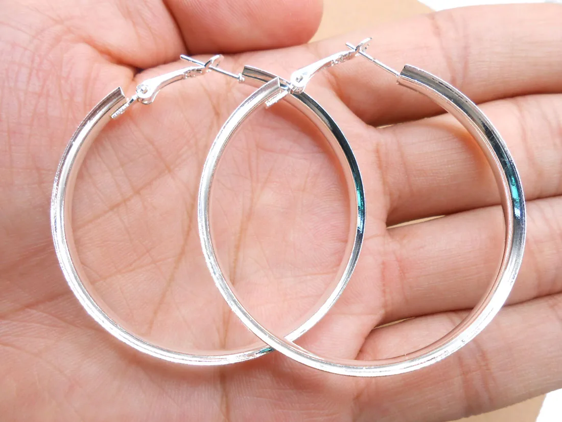 925 Silver colorSimple Smooth Ear Ring Big 50MM Circle Female Earrings Wholesale Fashion DZ