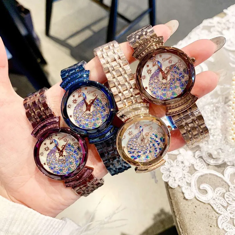 Vintage Enamel Peacock Watches for Women Luxury Crystals Bracelet Watch Anti Fading Noble Blue Steel Wrist watch Quartz Montre