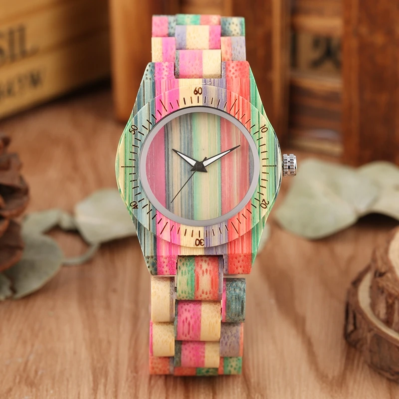 

Women Wood Watch 100% Handmade Natural Colorful Bamboo Quartz Wristwatch Design Luxury Casual Watches for Female Montre Femme