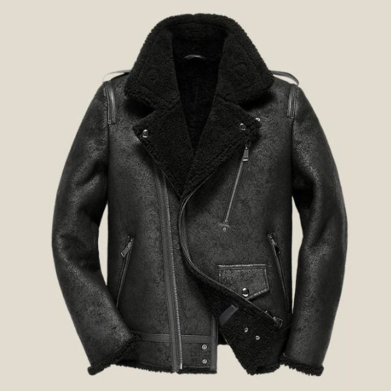 Denny&Dora New Shearling Coat Short Fur Outerwear Air Force Mens Locomotive Jacket Genuine Leather Flight Suits Jsh854