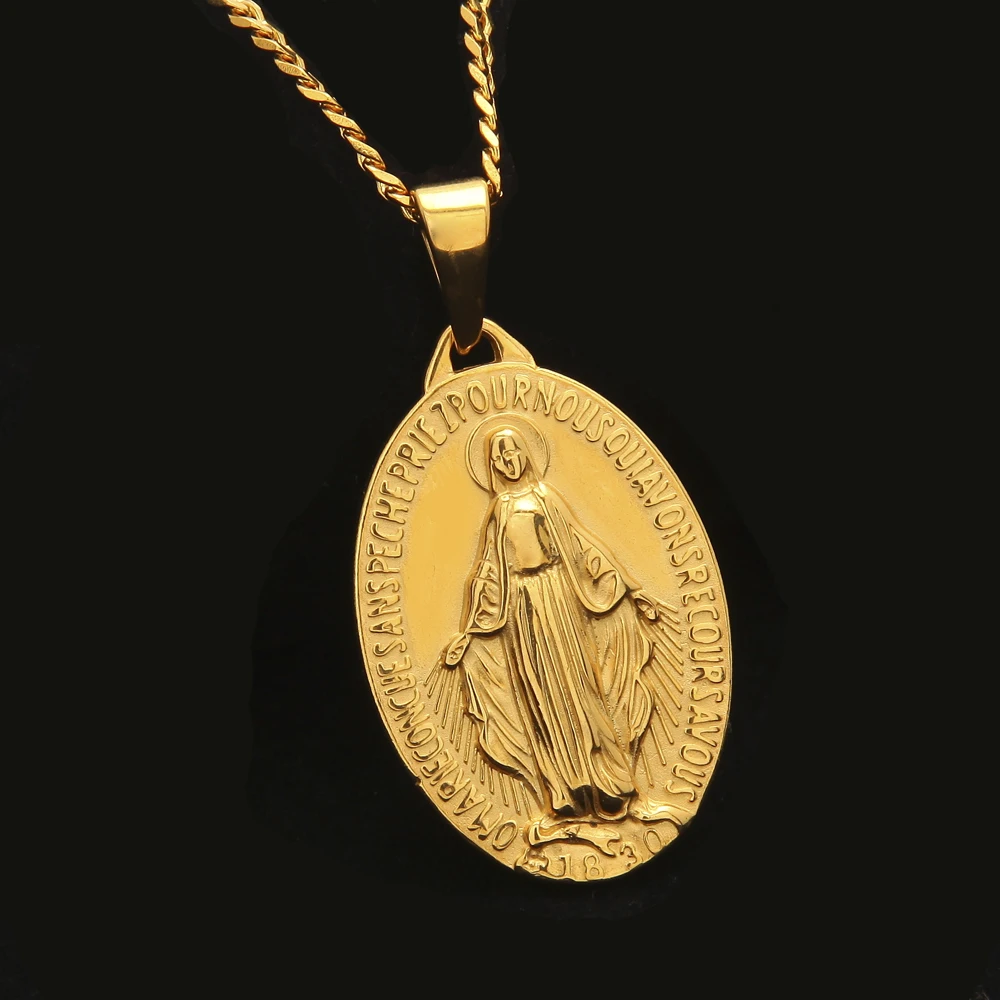 Stainless Steel Necklace Punk Women Men Fashion Gold Color Chains Virgin Mary Pendant Cross Medallion Religious Jewelry