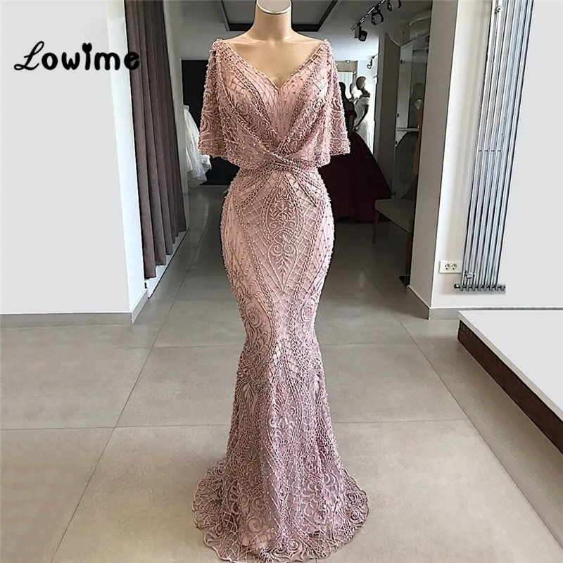 2018 New Elegant Formal Beaded Dress Arabic Evening Dresses Dubai Turkish Muslim Abiye V Neck Wedding Party Gown Robe De Soiree