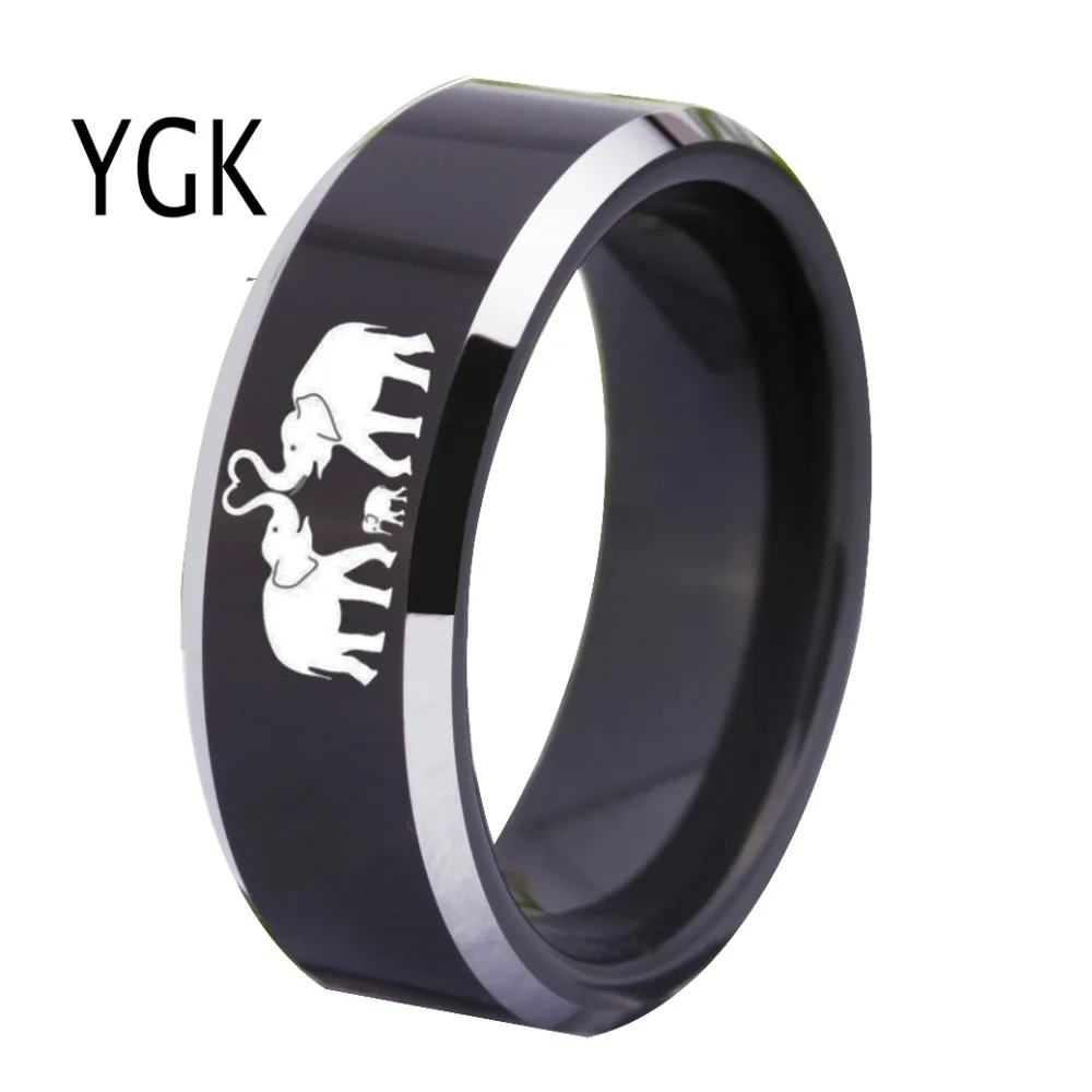 

YGK Jewelry Elephant Family Design Black With Shiny Bevel Tungsten Ring Classic Men's Wedding Engagement Anniversary Gift Ring