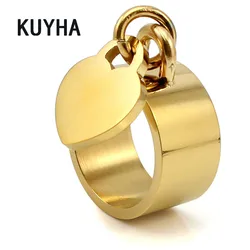 Gold/Silver Color Accessories Heart Ring with Engravable Laser Logo Pendant 10/15MM Dangle Tag for Women Men