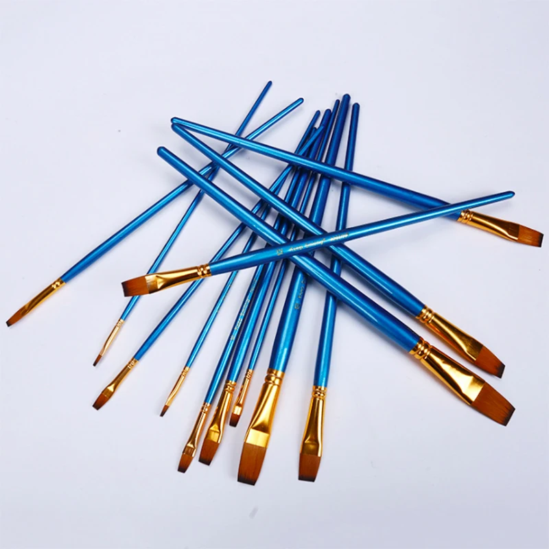 12Pcs/Set Mixed Size Pointed  Blue Nylon Hair Paint Brush Acrylic Water Gouache Artist Drawing Pen