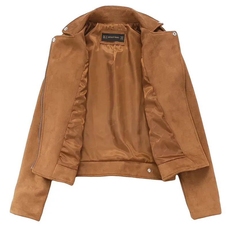 New Fashion Women suede motorcycle jacket Slim brown full lined soft faux Leather female coat veste femme cuir epaulet zipper