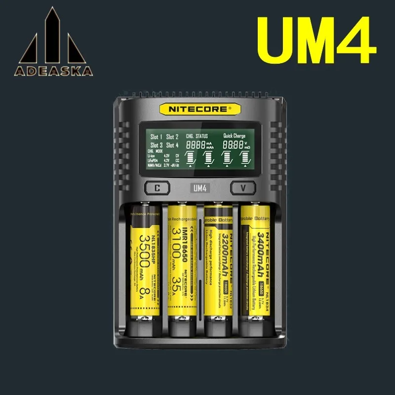 Caricabatterie intelligente LCD NITECORE UM4 C4 VC4 per batterie Li-ion/IMR/mary/ICR/LiFePO4 18650 14500 26650 AA 3.7 1.2V 1.5V D4