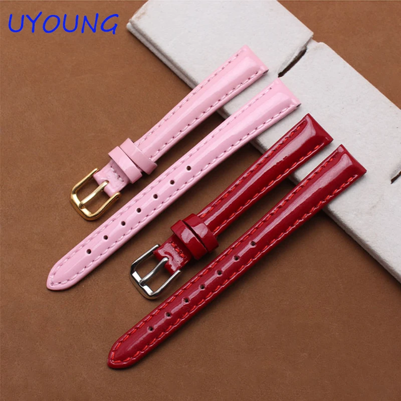 Small Size cowhide Watchbands 12mm 14mm 16mm Colour High light watch Bracelet For Women glossy leather Strap