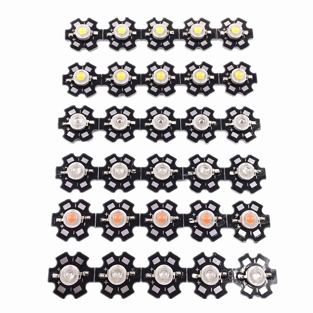 50pcs 1W 3W 고출력 LED 전체 스펙트럼 흰색 따뜻한 흰색 녹색 파란색 딥 레드 660nm 로얄 블루 UV IR, 20mm 블랙 스타 PCB 포함