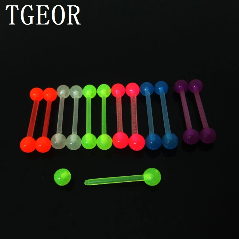 Hot wholesale 100pcs 1.6*18*6/6mm mixed glow in the dark flexible acrylic piercing straight barbell tongue ring free shipping