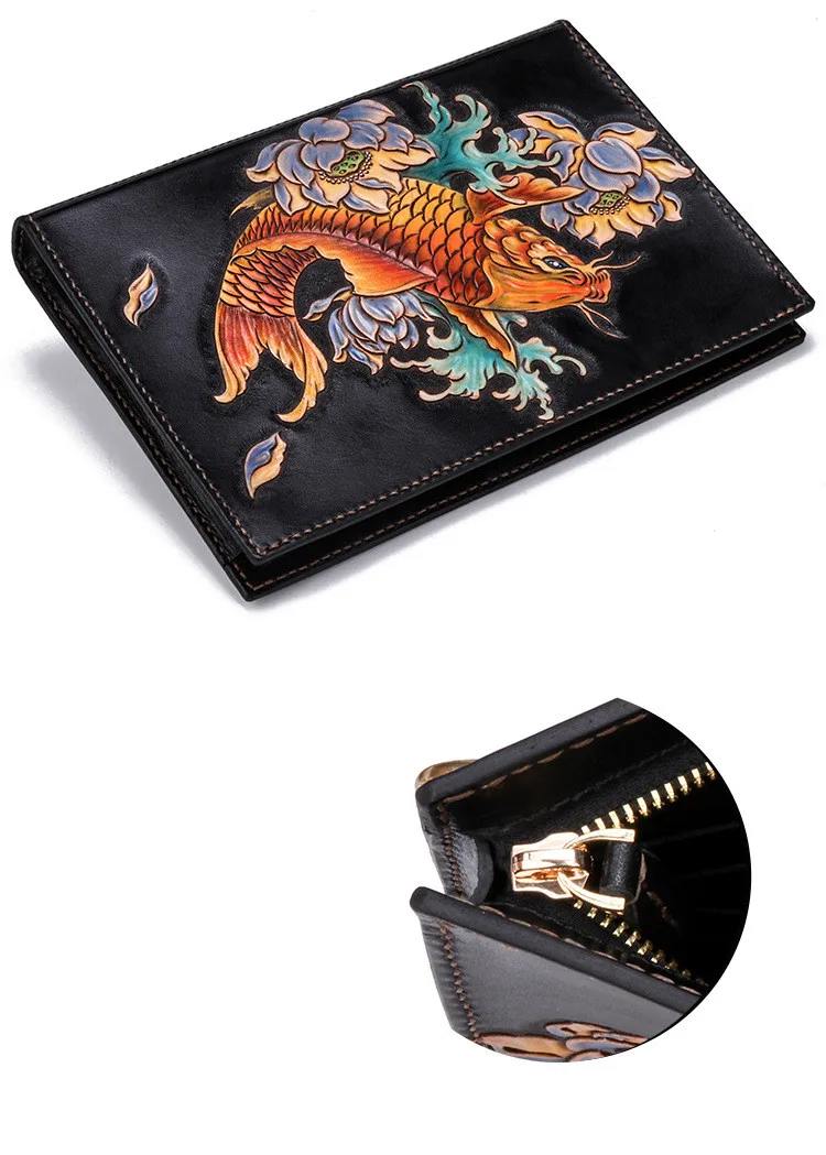 Handmade Men Vegetable Tanned Leather Carvings Carp Bag Money Holder Clutch Purse Cigarette Pocket Man Clutches Envelope