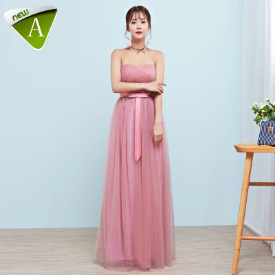 N085 Vrouwen Lange Roze Blauw Bruidsmeisjekleding Tulle Lace Up Wedding Party Vestido Femme Graduation Formele Gown Lday Prom Jurk