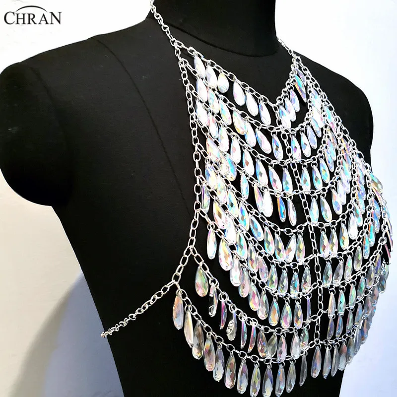 Chran AB Acrylic Gem Stone Crop Top Disco Party Chain Necklace Rave Bra Bralette Lingerie Festival Costume Wear Jewelry CRS202