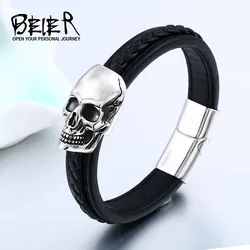 BEIER Punk style Wholesale Drop Ship Man's High Quality Genes Skull Leather Bracelet Bangle For Man BC-L023