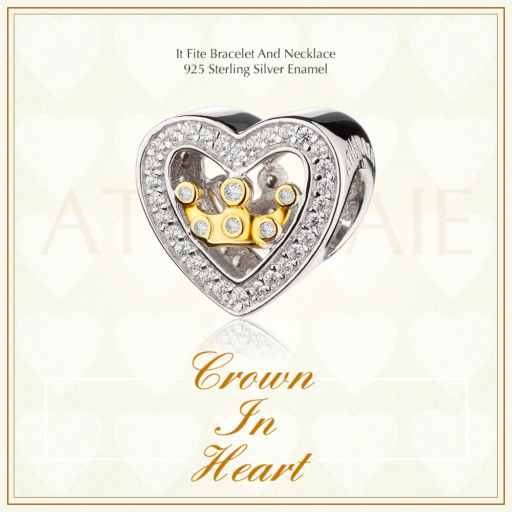 ATHENAIE 925 Silver with Pave Clear CZ Heart Shaped Love Crown in Heart Charm Beads Fit All European Bracelets For Women Jewelry