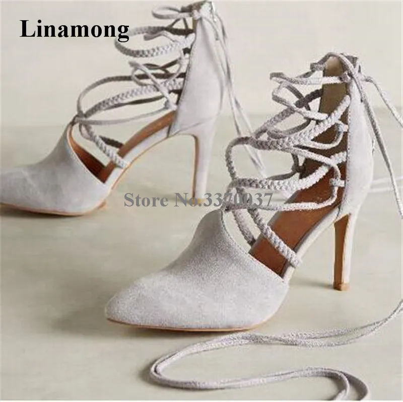 

Women Elegant Fashion Pointed Toe Suede Leather Strap Cross Thin Heel Pumps Lace-up Braided Rope High Heels Dress Shoes