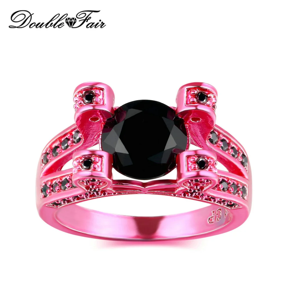 Double Fair New Special Round Shape Pink Gold Color Rings Sets Black Cubic Zirconia Fashion Party Jewelry For Women DD043