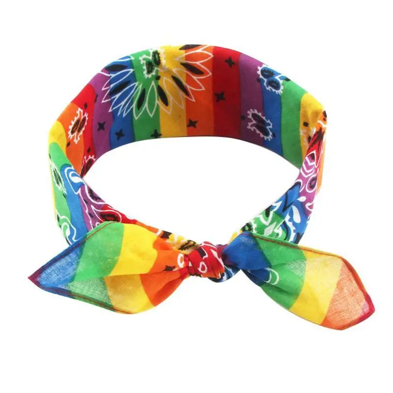 Rainbow Stripes Paisley Floral Women Girl Cotton Pocket Square Scarf Cute Rabbit Ear Headband Bandana Hip-Hop Wristband Neck Tie