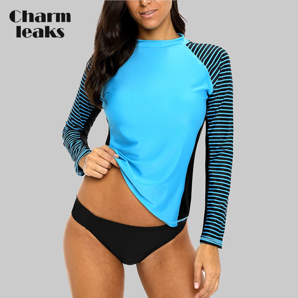 

Charmleaks Women Rash Guard Swimwear Long Sleeve Zebra Stripes Rashguard Diving Shirts Surfing Top Bathing Wear UPF 50+