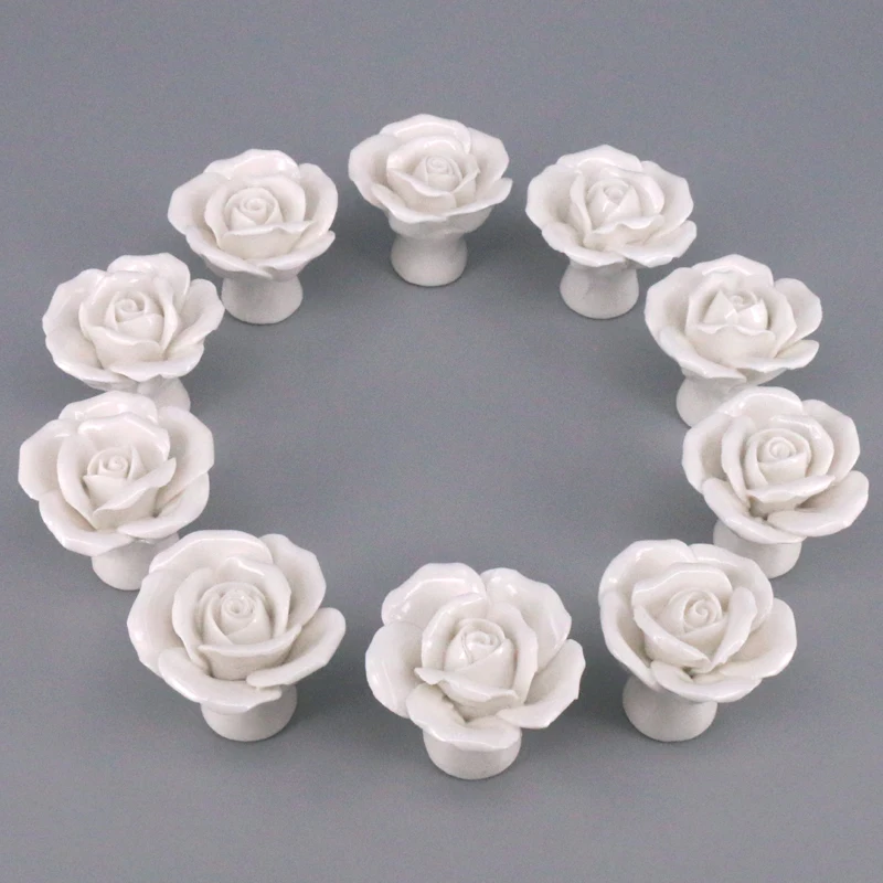 10PCS White Porcelain/Ceramic Flower Rose Drawer Knobs Rural Cabinet Cupboard handles Fashion Furniture Handles Hardware