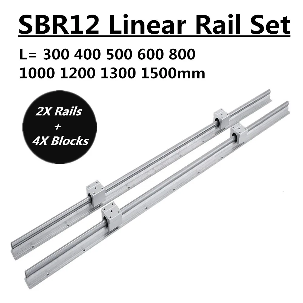 2Set SBR12 300 400 500 600 800 1000 1200 1300 1500mm Fully Supported Linear Rail Slide Shaft Rod With 4Pcs SBR12UU Bearing Block