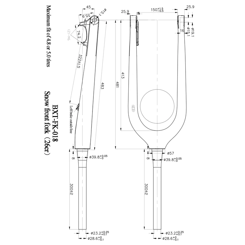 BXT-Full Carbon Fiber Snow Bike Fork, 26er Disc Brake, Fat Bike Fork, Bicycle Compatible Tires, 26er * 5.0, 150*15