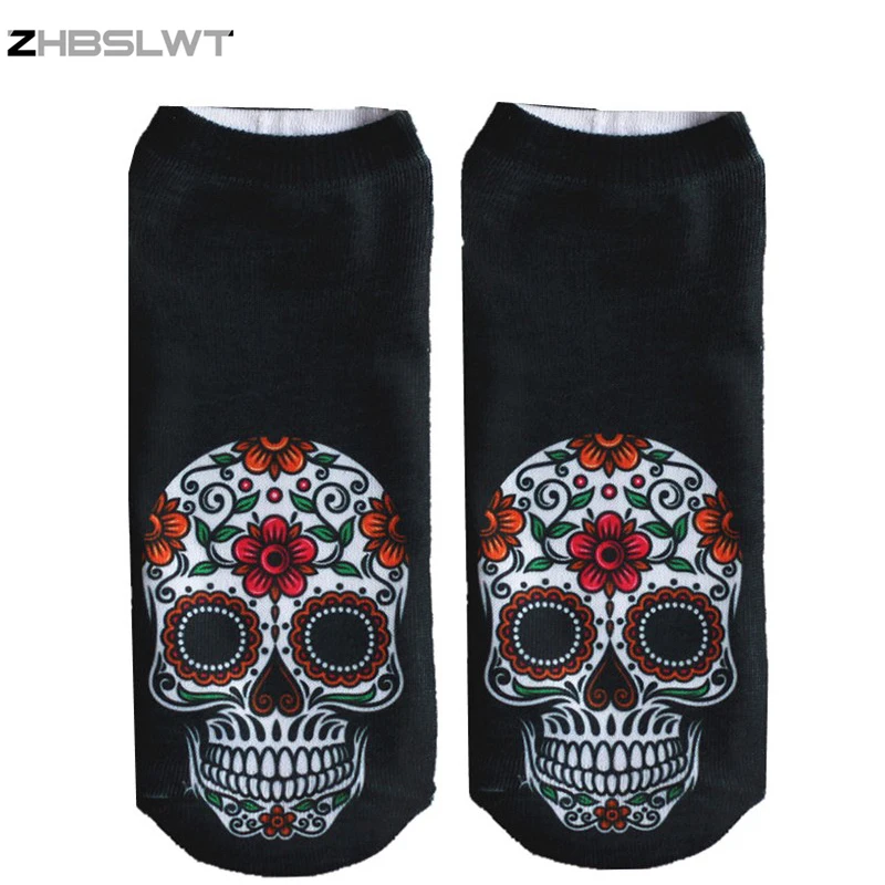 ZHBSLWT  Harajuku 3D Printed Flowering Skull  Women's Socks calcetines Casual Charactor Socks Unisex Low Cut Ankle Socks