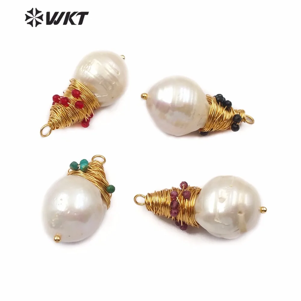 

WT-JP132 Natural Round Baroque Pearl Copper Wire Winding Pendant With Gem Stone Decorative Charm Pearl Pendant For Jewelry Make